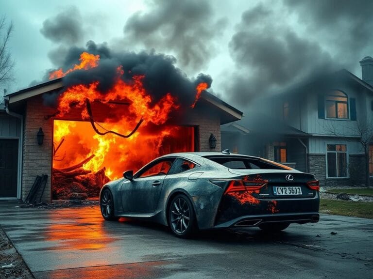 Flick International A garage fully engulfed in flames with a charred Lexus in the foreground