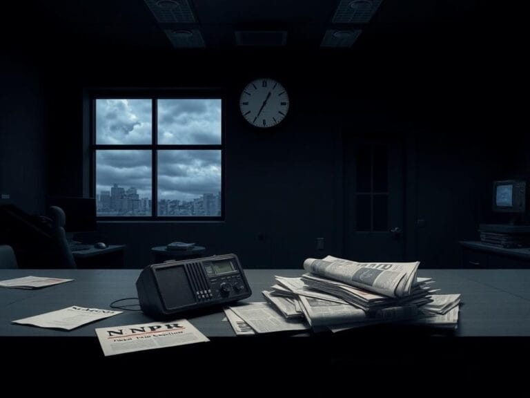 Flick International Empty NPR newsroom with dim lighting reflects uncertainty