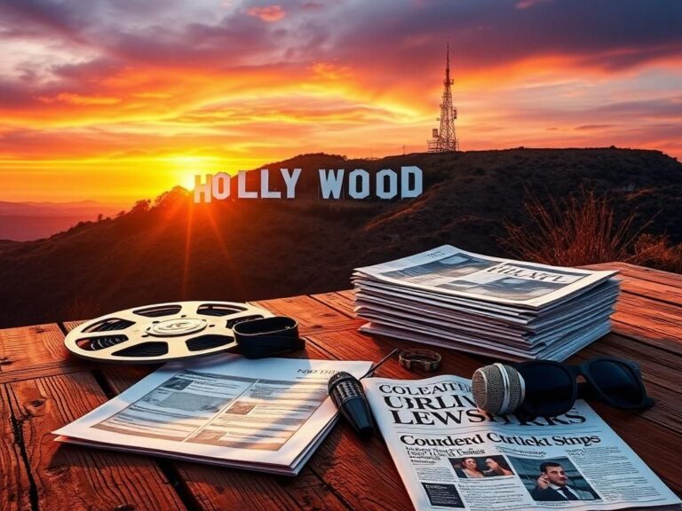 Flick International Artistic representation of a Hollywood sign at sunset with a vintage film reel and movie scripts in the foreground