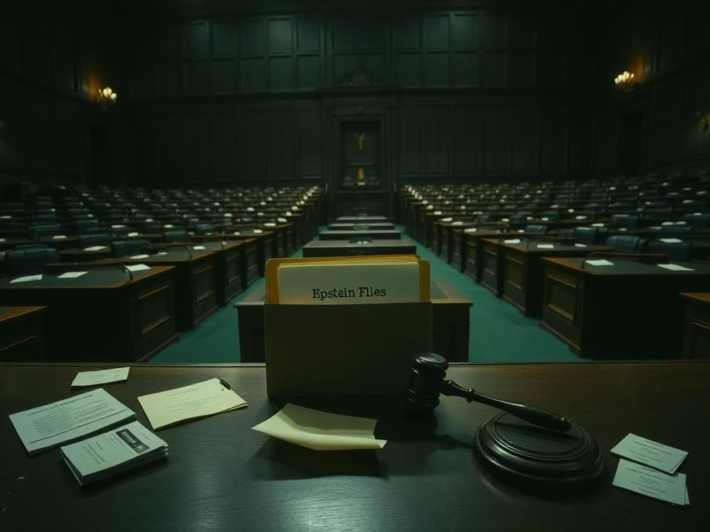 Flick International A somber, dimly lit legislative chamber with scattered papers and a closed folder labeled 'Epstein Files'
