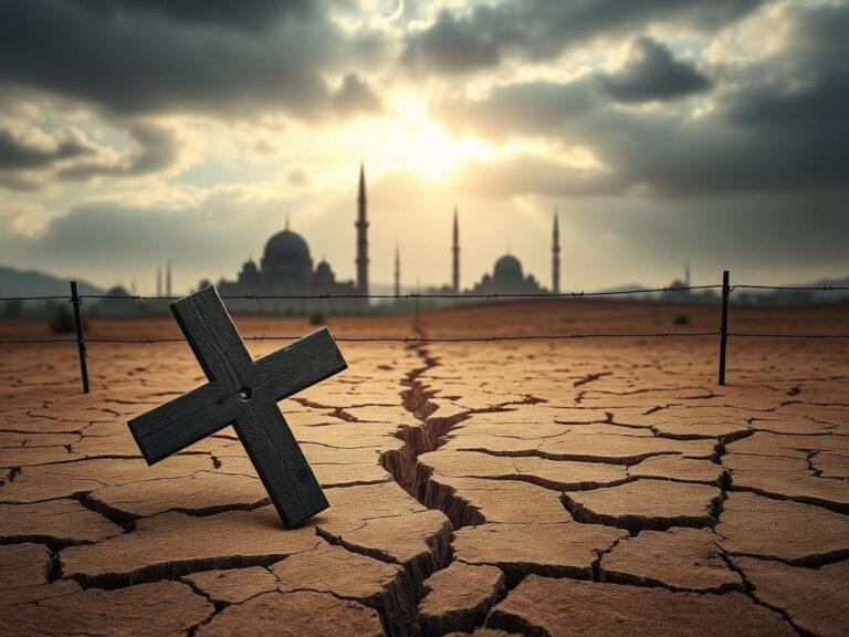 Flick International A cracked earth landscape divided by a barbed wire fence, symbolizing persecution faced by Christians