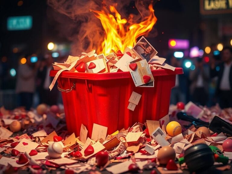 Flick International A chaotic scene of a brightly colored dumpster overflowing with love letters and broken hearts, symbolizing dating challenges in the spotlight.