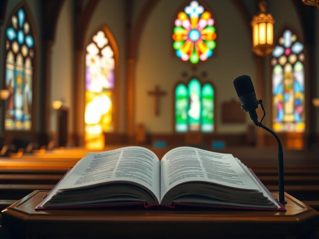 Flick International Interior of a serene Christian church with light streaming through stained glass windows and an open Bible on a lectern