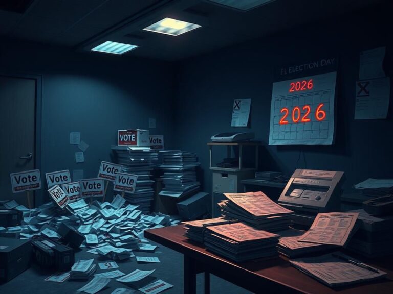 Flick International Dimly lit election office with scattered ballots and disarrayed voting machines, showcasing chaos and uncertainty