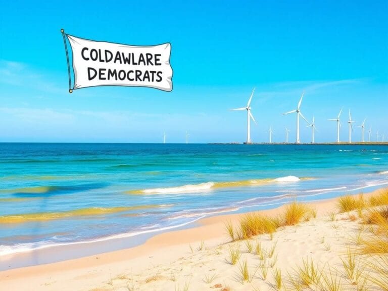 Flick International Coastal scene at a Delaware beach with offshore wind turbines and a Coldplay-themed political banner