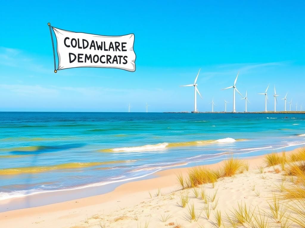 Flick International Coastal scene at a Delaware beach with offshore wind turbines and a Coldplay-themed political banner