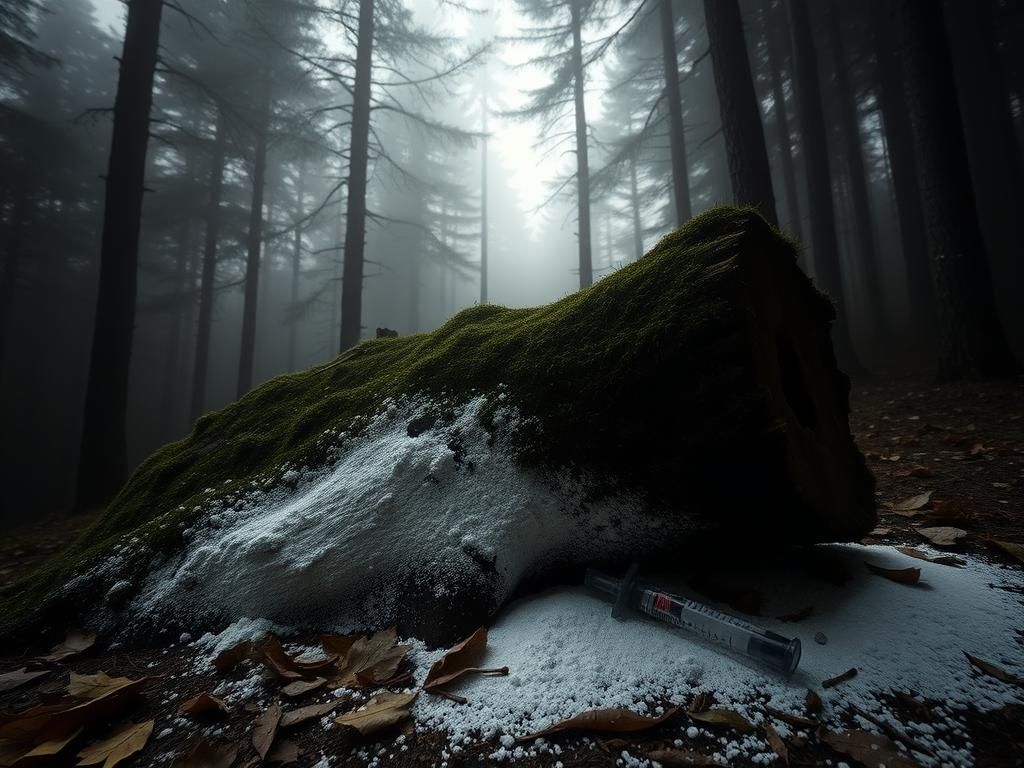 Flick International Atmospheric Maine forest scene with mist and rotting log hinting at hidden past