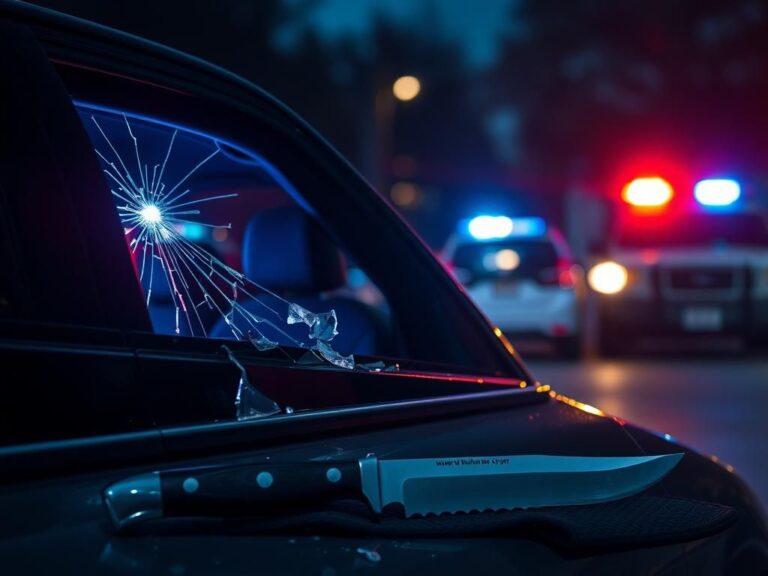 Flick International A shattered car window with sharp glass shards glistening in the fading light, symbolizing a tense police encounter