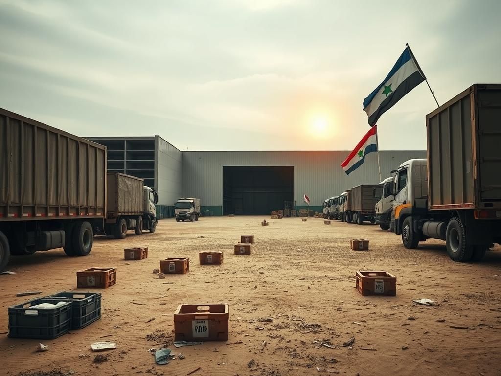 Flick International A desolate aid distribution center in Gaza with empty trucks and unopened food supplies