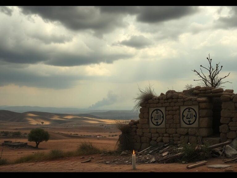 Flick International A desolate landscape in southern Syria showing remnants of conflict with destroyed structures and a weathered stone wall marked by Druze symbols.