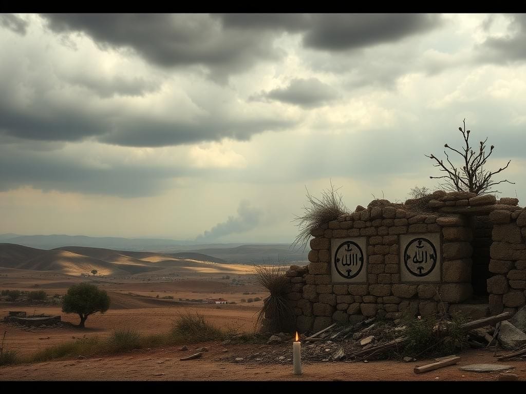 Flick International A desolate landscape in southern Syria showing remnants of conflict with destroyed structures and a weathered stone wall marked by Druze symbols.