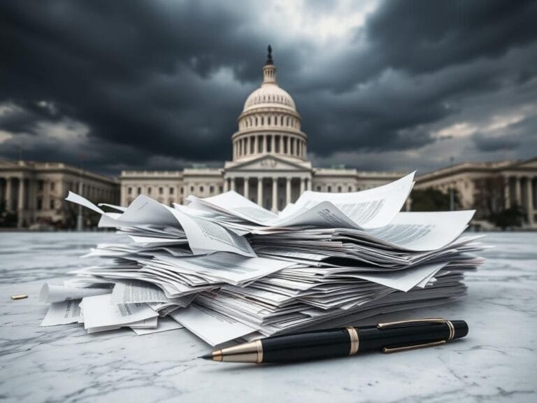 Flick International A dramatic view of the U.S. Capitol building under a gloomy sky, representing government tension.