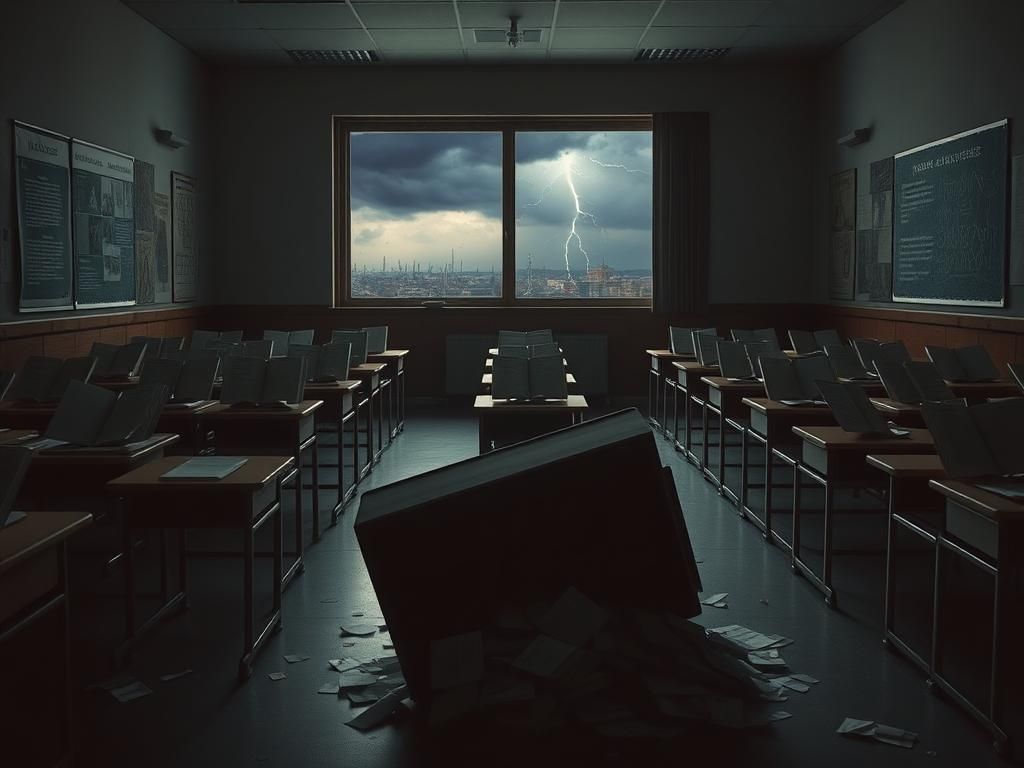 Flick International Dimly lit classroom with overturned desk reflecting chaos