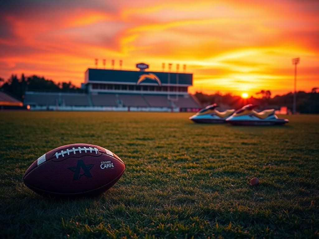 Flick International Empty football field at sunset with a football in the foreground and jet skis nearby