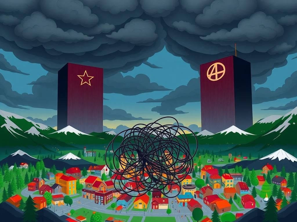 Flick International Chaotic landscape depicting the merger of two giant entertainment corporations with South Park style elements