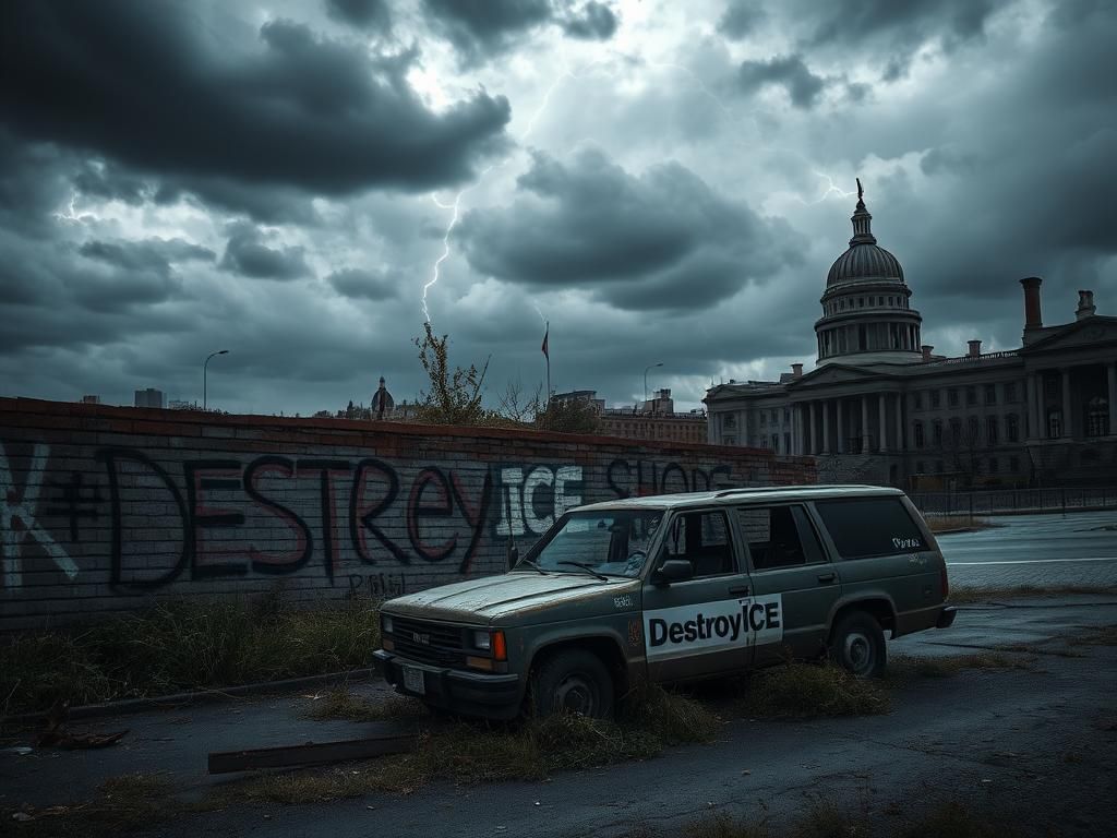 Flick International Dark, foreboding landscape with an abandoned urban area symbolizing tension and conflict