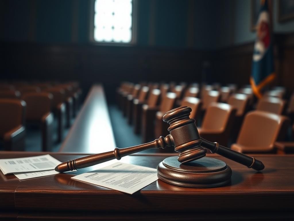 Flick International A somber courtroom scene with a gavel resting on a wooden bench symbolizing the judges' decision on Alina Habba's term extension.