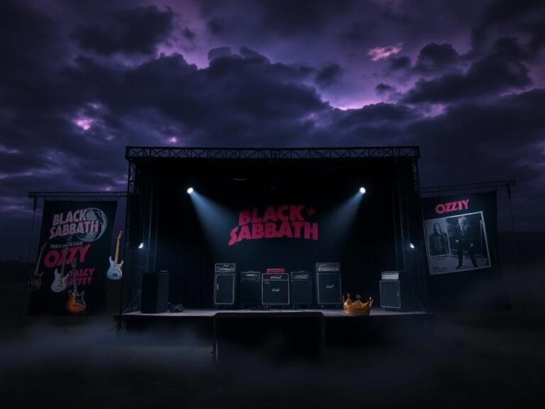 Flick International Dark, moody landscape of an empty stage illuminated by a spotlight, symbolizing Ozzy Osbourne's legacy