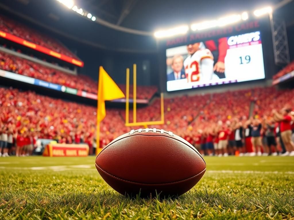 Flick International Close-up of a football on the grass with a penalty flag in the background at Arrowhead Stadium during a Chiefs playoff game
