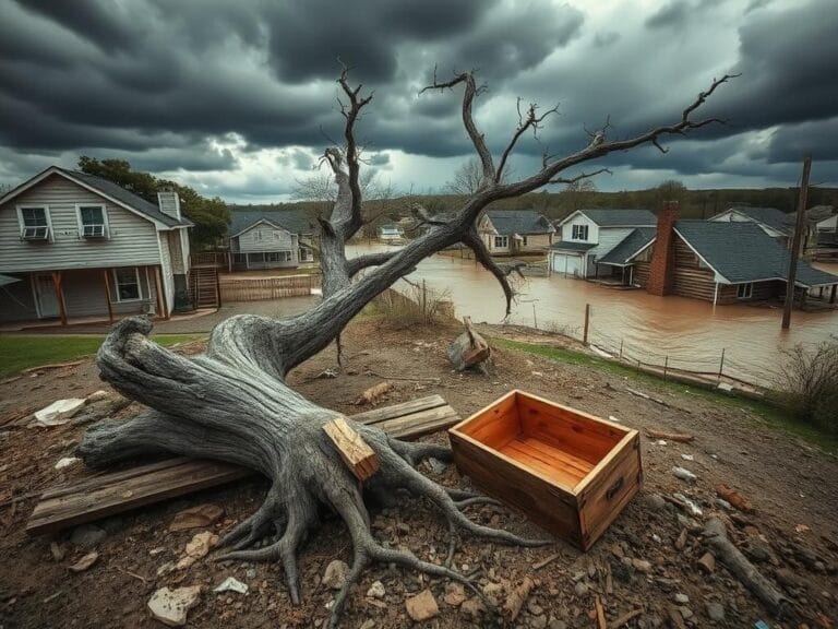 Flick International Serene view of flood-damaged neighborhood in Kerrville, Texas, with toppled cypress tree and debris