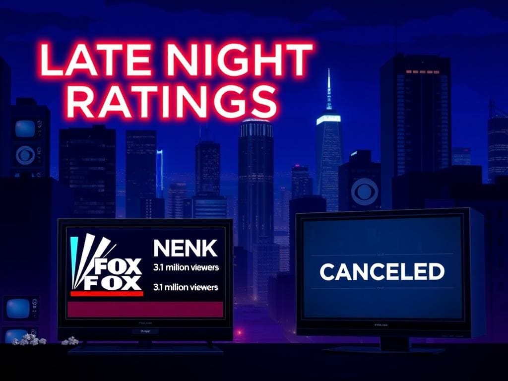 Flick International Nighttime urban landscape featuring a vibrant city skyline with neon displays related to late-night television ratings.