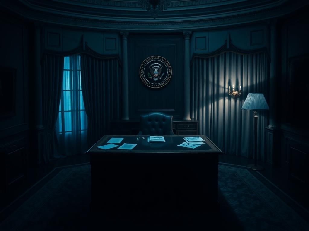 Flick International Ornate, shadowy Oval Office with the Resolute Desk and redacted documents
