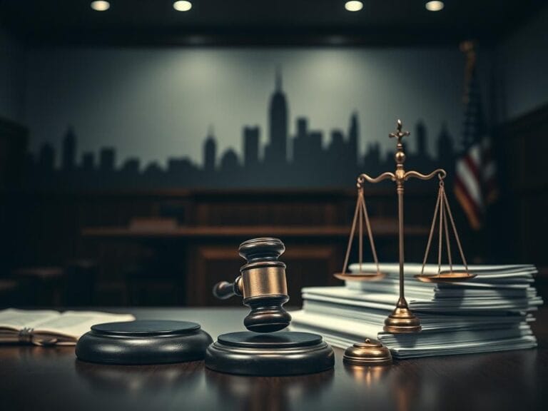 Flick International Dramatic courtroom scene with legal elements including gavel, scales of justice, and legal documents