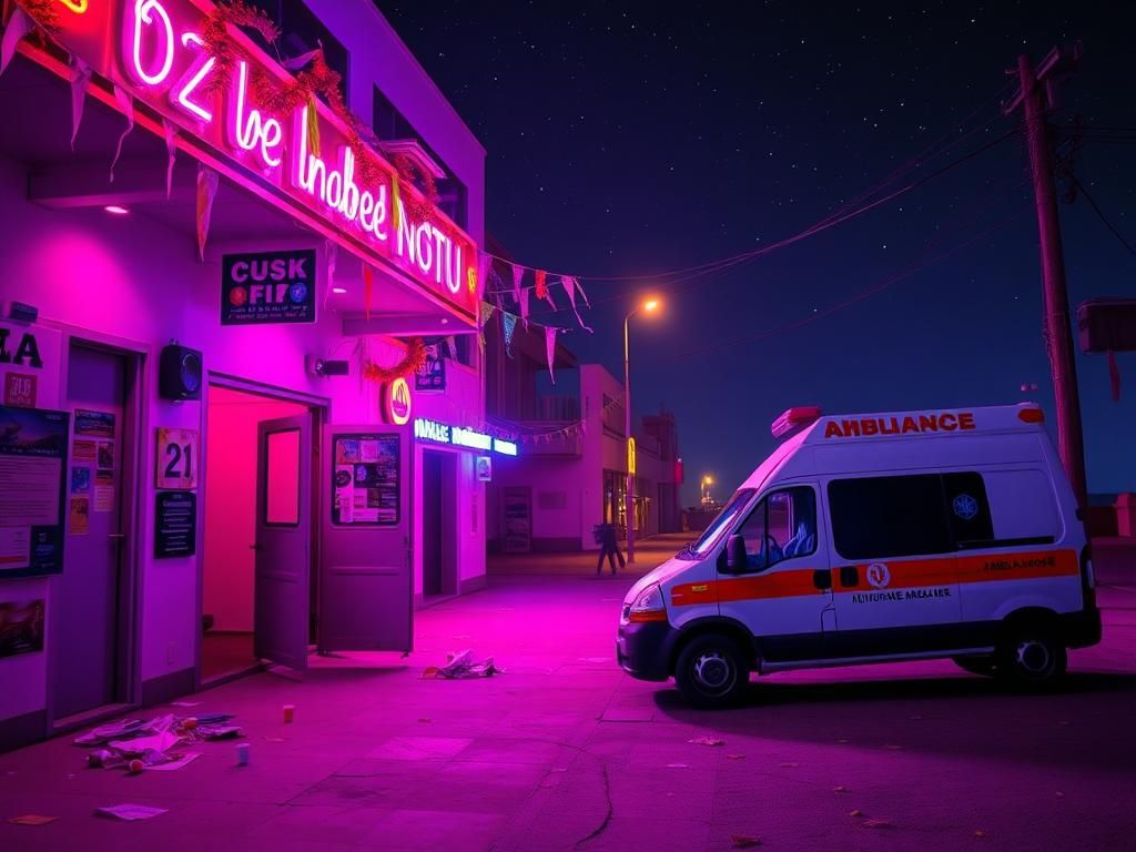 Flick International Empty Ibiza nightclub exterior with flickering neon lights and a parked ambulance during night