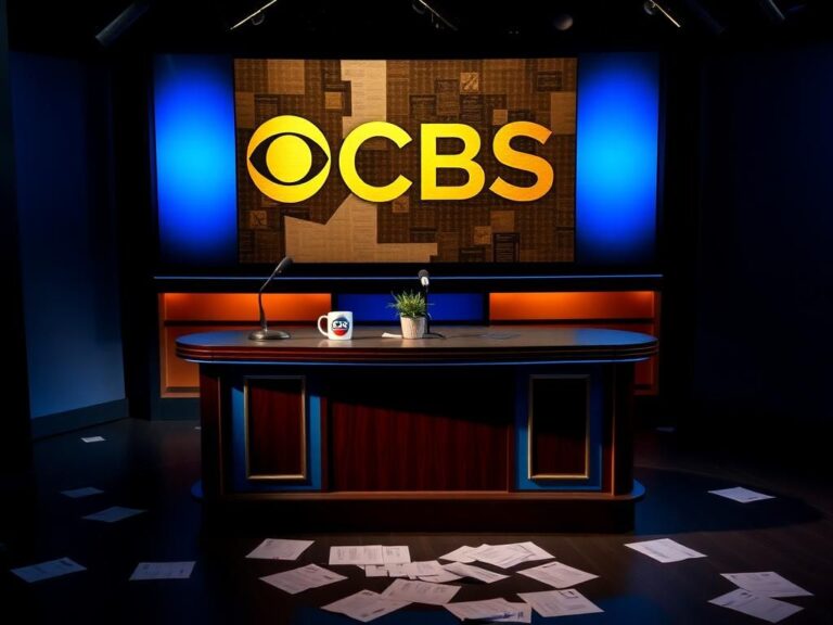 Flick International Dimly lit television studio with an empty late-night talk show desk surrounded by colorful props