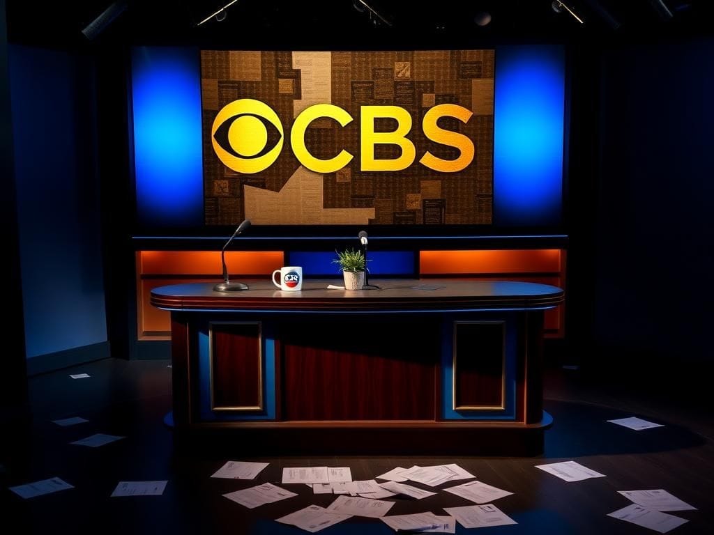 Flick International Dimly lit television studio with an empty late-night talk show desk surrounded by colorful props