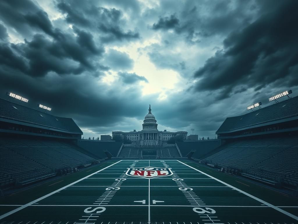 Flick International Large empty football stadium under a stormy sky symbolizing uncertainty