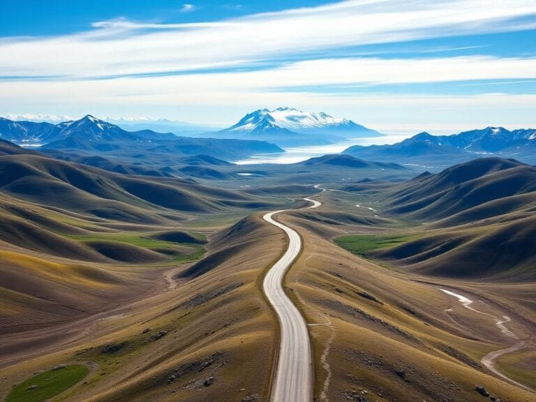 Flick International Aerial view of the Alaskan Arctic landscape showing rugged terrains, snowy mountains, and a winding road