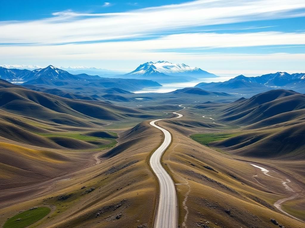 Flick International Aerial view of the Alaskan Arctic landscape showing rugged terrains, snowy mountains, and a winding road