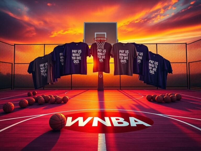 Flick International A powerful basketball court scene at sunset highlighting WNBA player pay demands