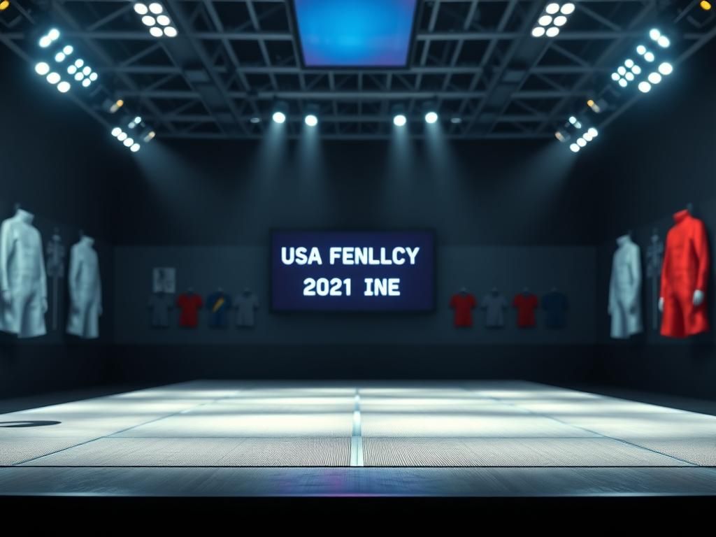 Flick International Dramatic fencing arena with illuminated piste and digital scoreboard announcing new policies