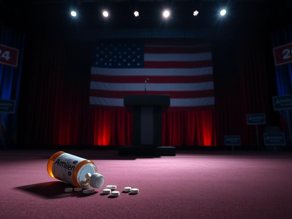 Flick International Dimly lit debate stage with empty podium and microphone, featuring a prescription bottle of Ambien and scattered pills