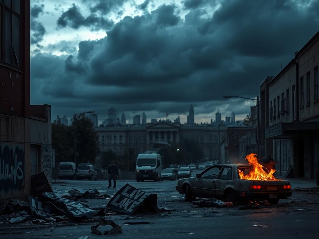 Flick International Stormy urban landscape with shattered glass and remnants of protest banners