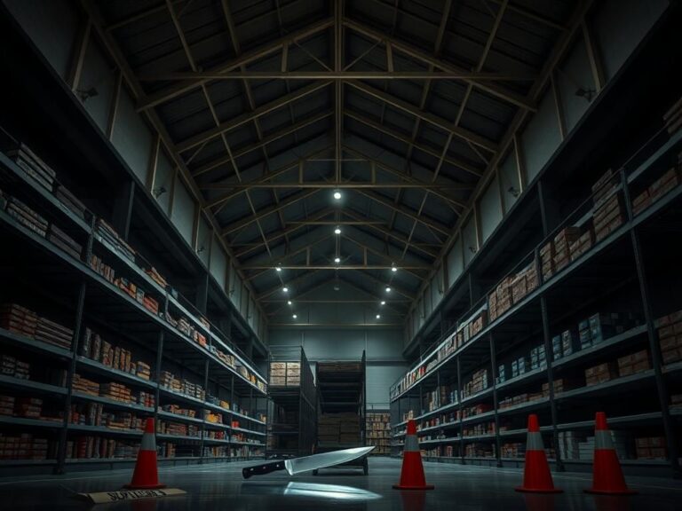 Flick International Dramatic interior of a Target store with high rafters and a glinting knife on the floor