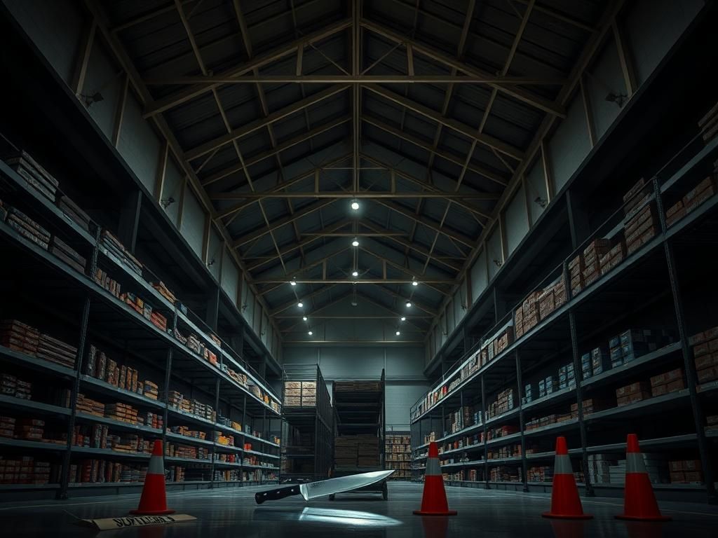 Flick International Dramatic interior of a Target store with high rafters and a glinting knife on the floor