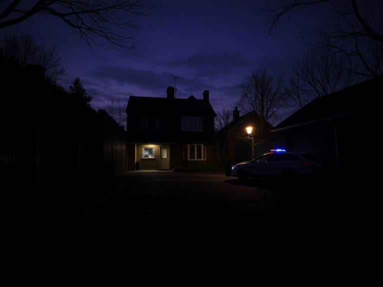 Flick International Foreboding suburban landscape at dusk with a fortified house and broken window