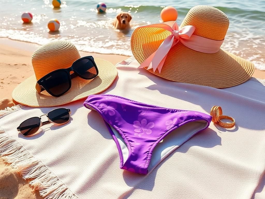 Flick International Molly Sims in a vibrant purple floral bikini on a sandy beach towel surrounded by beach accessories