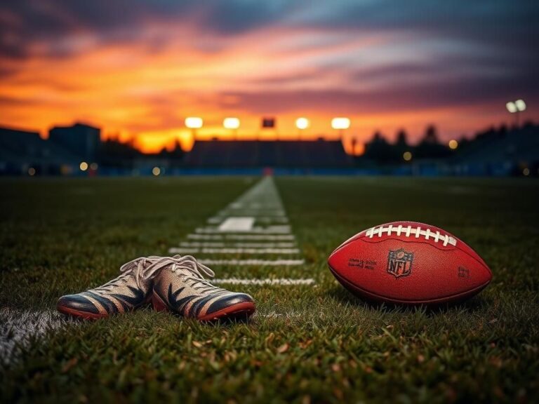 Flick International Solitary worn-out cleats resting on the 50-yard line of a football field symbolizing retirement