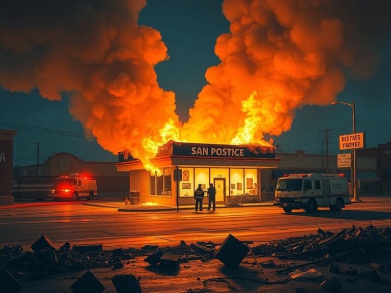 Flick International San Jose post office engulfed in flames with smoke billowing into the night sky