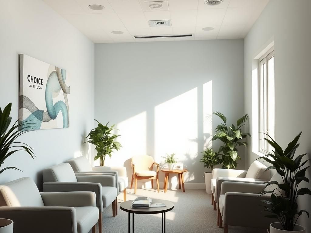 Flick International Indoor setting of a Chicago abortion clinic with calming pastel colors and comfortable furnishings
