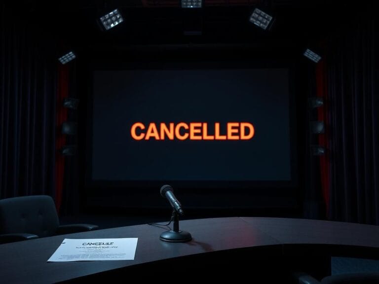 Flick International Dimly lit late-night television studio set with empty desk and microphone