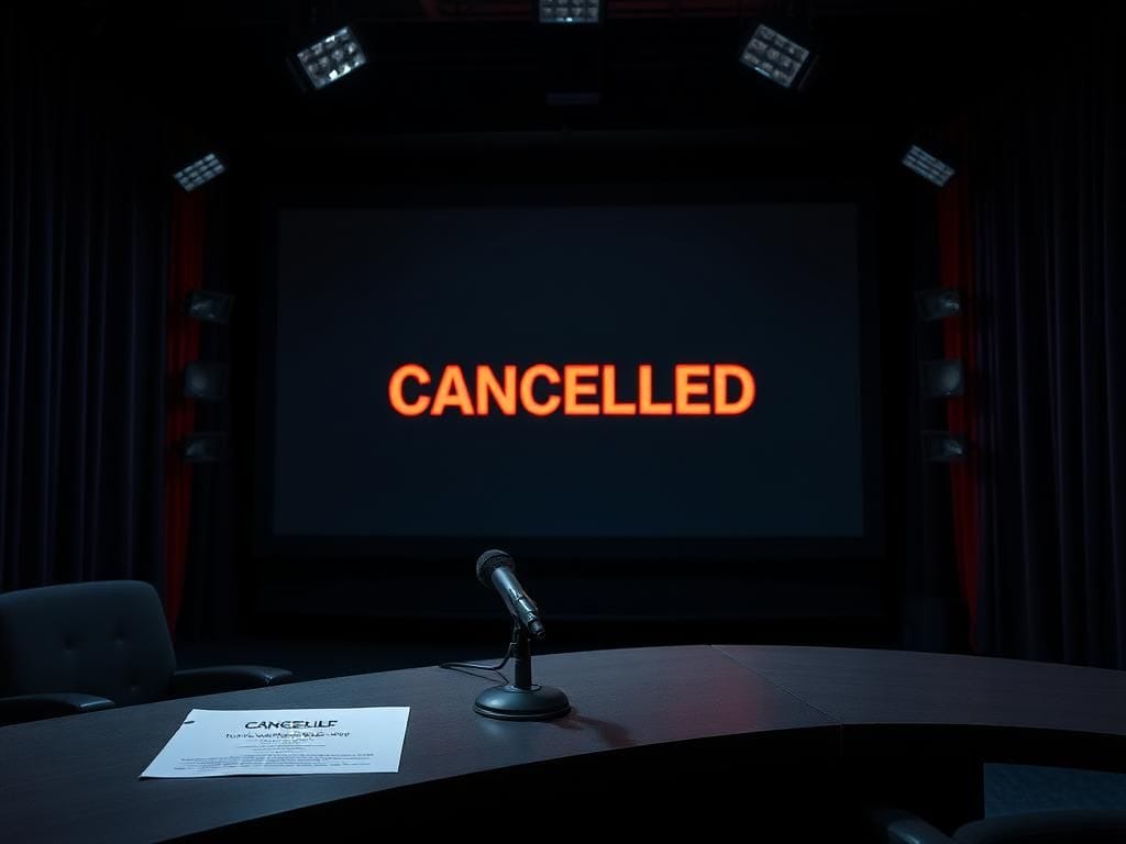 Flick International Dimly lit late-night television studio set with empty desk and microphone