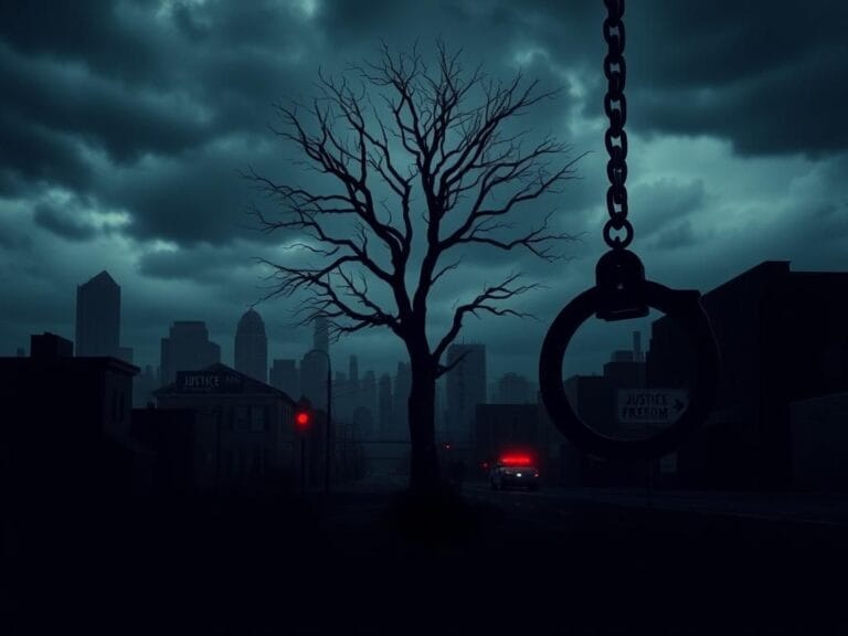 Flick International Dark, ominous landscape depicting a city under strict law enforcement watch with handcuffs and prison bars in foreground