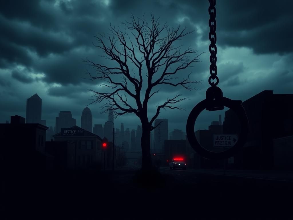 Flick International Dark, ominous landscape depicting a city under strict law enforcement watch with handcuffs and prison bars in foreground