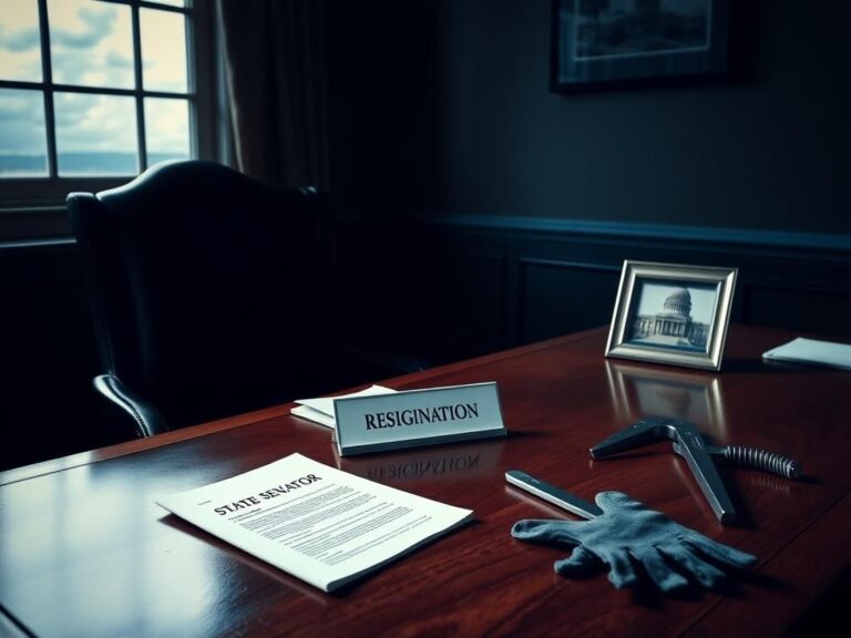 Flick International Somber Minnesota state Senate office with empty chair and resignation documents