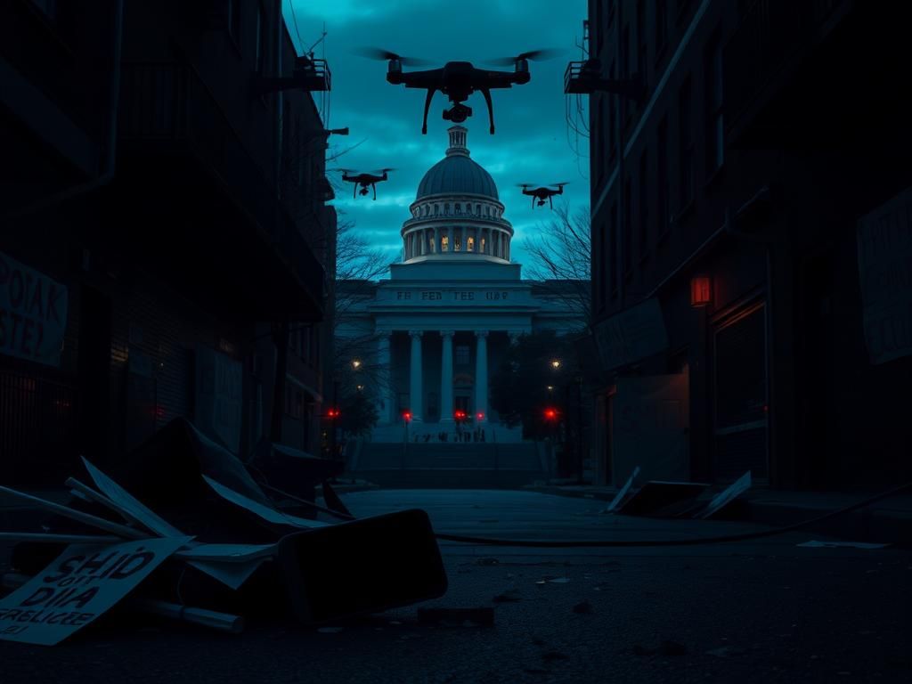 Flick International Dimly lit alleyway symbolizing law enforcement presence with discarded protest signs